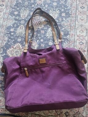 Roots 73 Nylon Large Light Shoulder Tote Bag Vegan Leather Accents Deep Purple